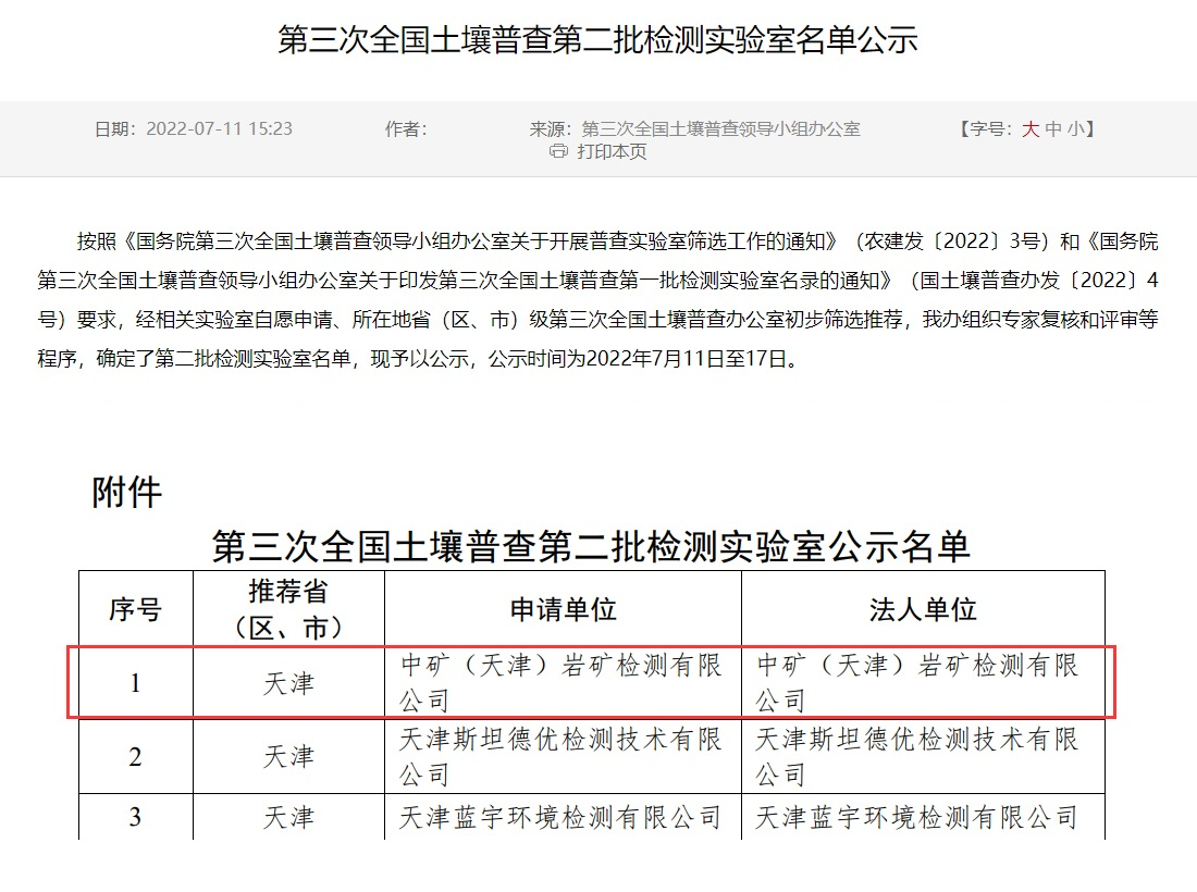 Jinnianhui（天津）岩矿检测有限公司入选第三次全国土壤普查实验室名录